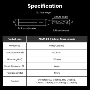 ARUM Compatible Glass ceramic Milling Burs Shank 4mm Φ0.6mm For 5X-400 / 5X-300Pro Milling Machine - Alternate View