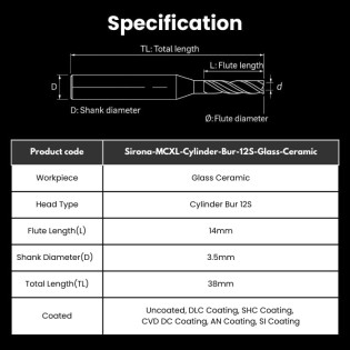 Sirona Compatible Glass Ceramic Milling Burs Shank 3.5mm Φ1.8mm Cylinder Bur 12S MCXL - Alternate View
