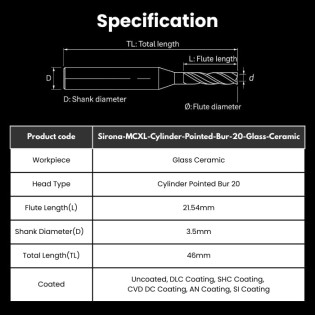 Sirona Compatible Glass Ceramic Milling Burs Shank 3.5mm Cylinder Pointed Bur 20 MCXL - Alternate View