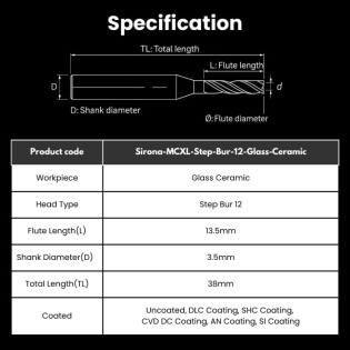 Sirona Compatible Glass Ceramic Milling Burs Shank 3.5mm Φ1.0mm Step Bur 12 MCXL - Alternate View