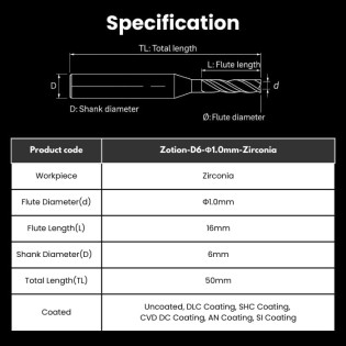 Zotion Compatible Zirconia Milling Burs Shank 6mm Φ1.0mm - Alternate View