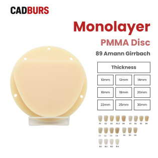 Monolayer PMMA Resin Disc 89mm for Amann Girrbach Ceramill - 22 Shades Monolayer PMMA Resin Disc 89mm for Amann Girrbach Ceramill - 22 Shades