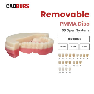 Removable Denture PMMA Resin Disc 98mm for Open CAD/CAM Milling Systems Removable Denture PMMA Resin Disc 98mm for Open CAD/CAM Milling Systems