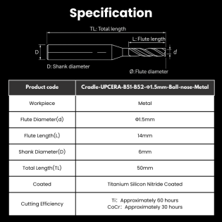 Cradle Compatible Metal Milling Burs Shank 6mm Φ1.5mm Ball nose Type For B51 / B52 Milling Machine - Alternate View