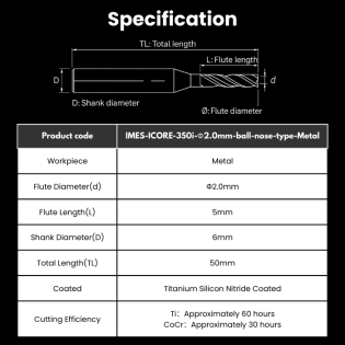 IMES ICORE Compatible Metal Milling Burs Shank 6mm Φ2.0mm Ball nose Type For 350i Milling Machine - Alternate View