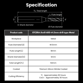 XTCERA Compatible Metal Milling Burs Shank 6mm Φ1.5mm Drill Type For Xmill-600 / Xmill-600 SE2 / Xmill-630 / Xmill-650 SE Milling Machine - Alternate View