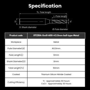 XTCERA Compatible Metal Milling Burs Shank 6mm Φ2.0mm Ball Type For Xmill-600 / Xmill-600 SE2 / Xmill-630 / Xmill-650 SE Milling Machine - Alternate View