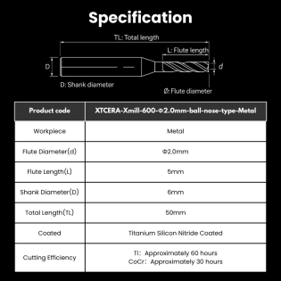 XTCERA Compatible Metal Milling Burs Shank 6mm Φ2.0mm Ball nose Type For Xmill-600 / Xmill-600 SE2 / Xmill-630 / Xmill-650 SE Milling Machine - Alternate View