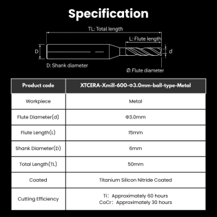 XTCERA Compatible Metal Milling Burs Shank 6mm Φ3.0mm Ball Type For Xmill-600 / Xmill-600 SE2 / Xmill-630 / Xmill-650 SE Milling Machine - Alternate View