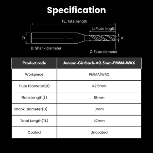 Amann Girrbach Compatible PMMA / WAX Milling Burs Shank 3mm Φ2.5mm For Ceramill Matron / Ceramill Matik / Ceramill Motion 3 Milling Machine - Alternate View