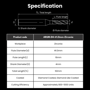 ARUM Compatible Zirconia Milling Burs Shank 4mm Φ1.0mm For 5X-400 / 5X-300Pro / 5X-300D Milling Machine - Alternate View