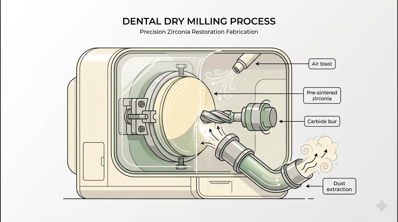 Infographic diagram of dental dry milling process showing dust extraction, air blast, and pre-sintered zirconia disc