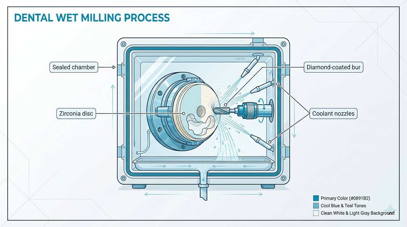 Infographic diagram of dental wet milling process showing coolant nozzles, sealed chamber, and zirconia disc