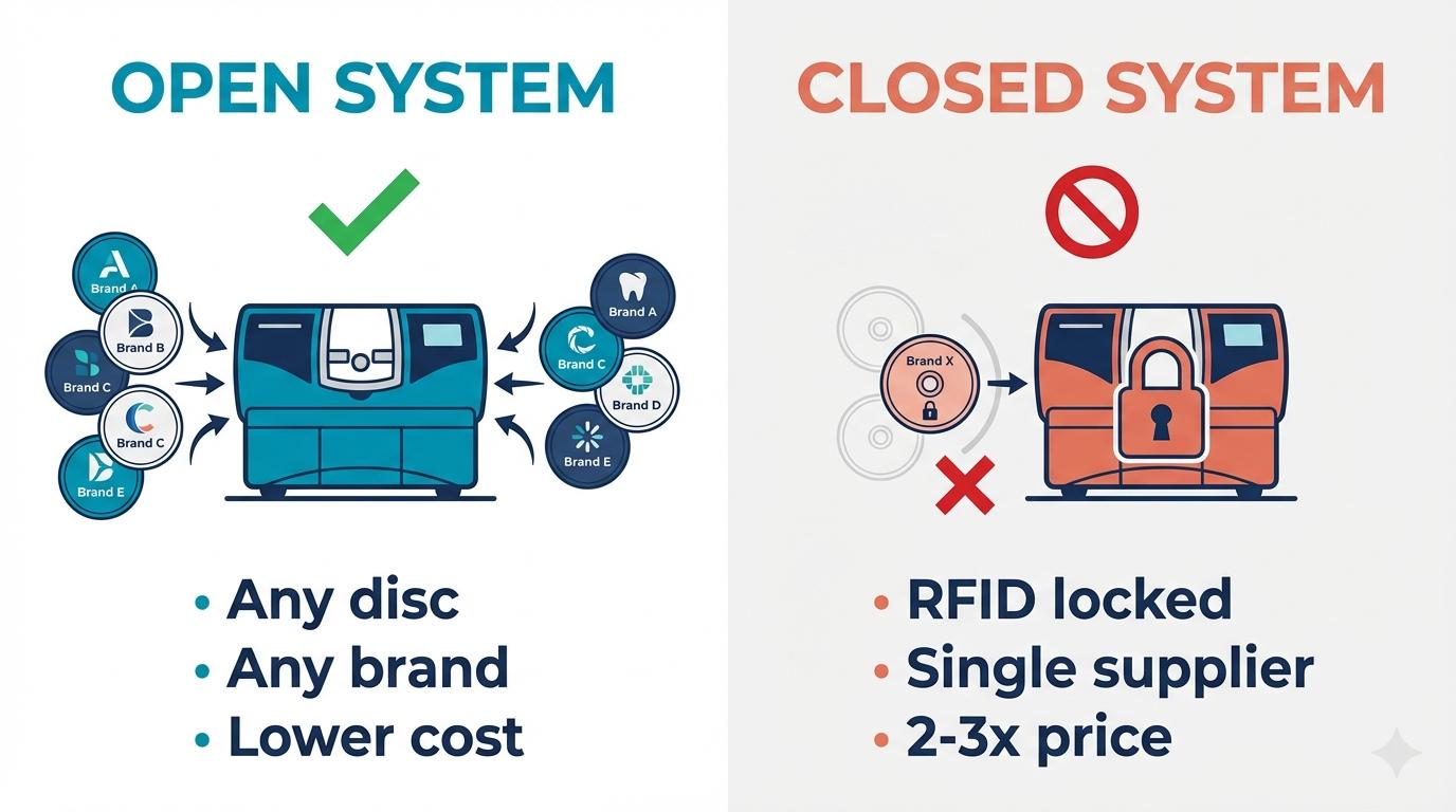 Infographic comparing open system vs closed system dental milling machines - open allows any disc brand at lower cost, closed requires RFID-locked proprietary blanks at 2-3x price