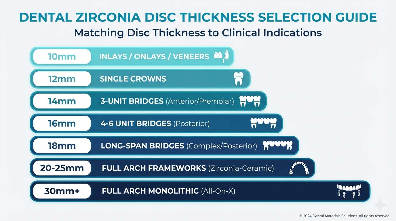 Infographic showing zirconia disc thickness selection guide - 10mm for inlays to 30mm plus for full arch monolithic restorations with proportional bars and dental restoration icons