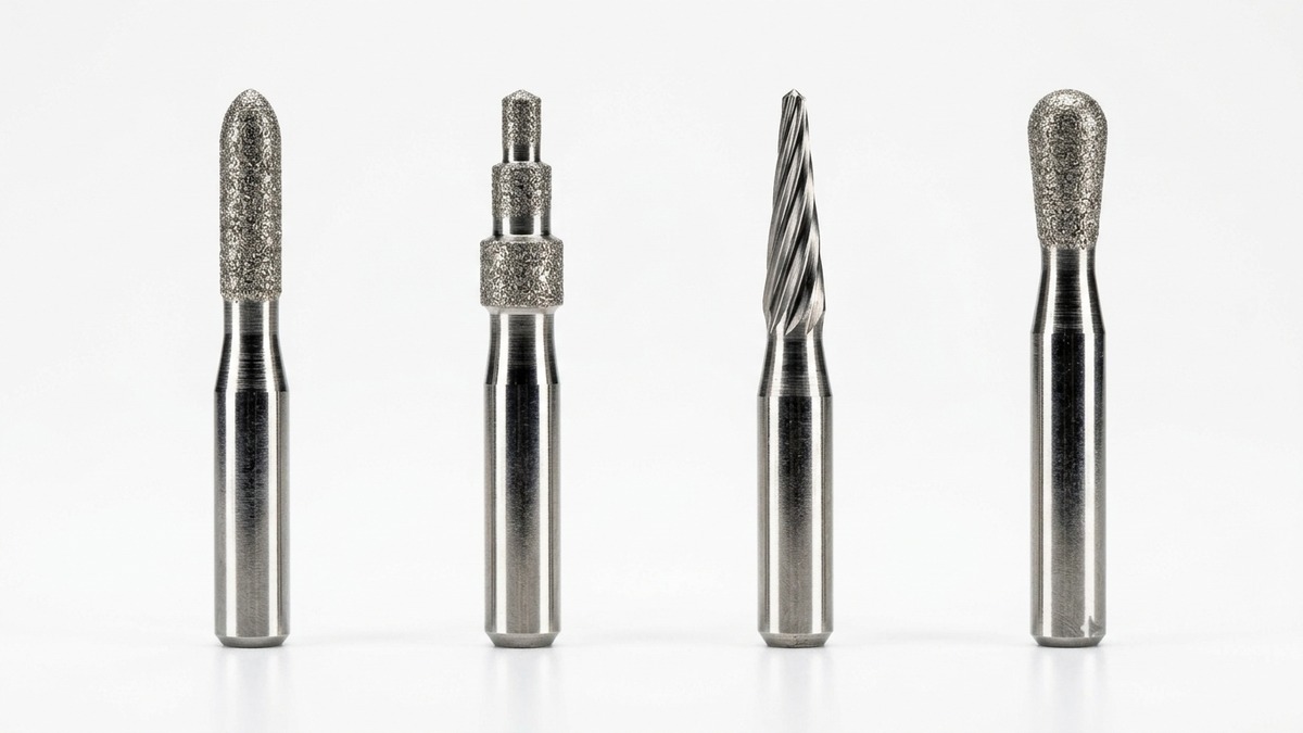 Row of dental milling burs showing cylinder pointed, step bur, shaper, and finisher geometries on Ø3mm shanks