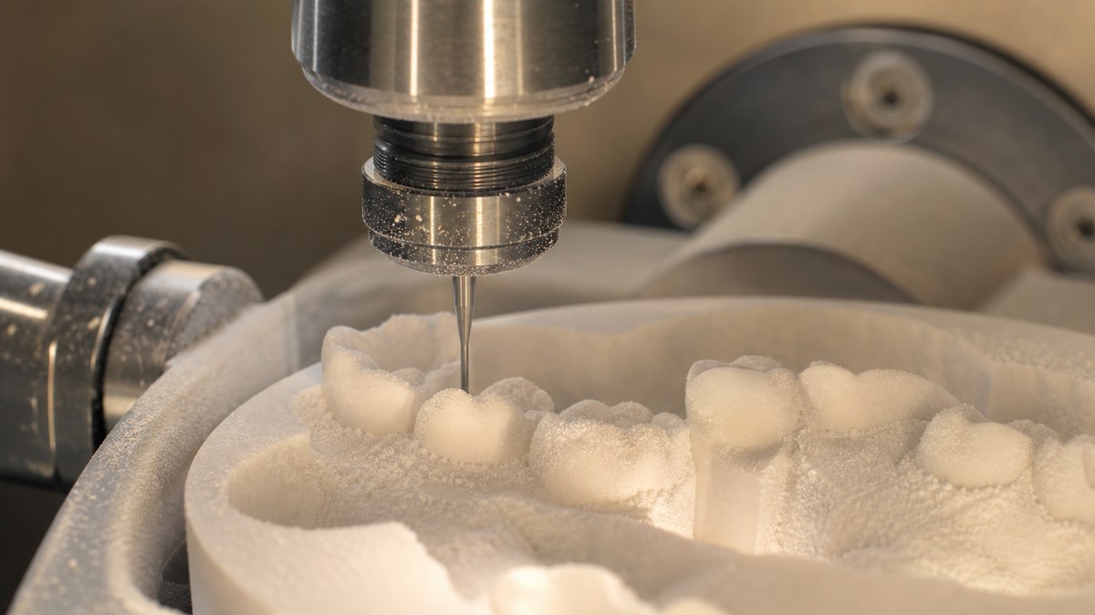 Dental milling machine spindle cutting crowns in a pre-sintered zirconia disc with a compatible milling bur