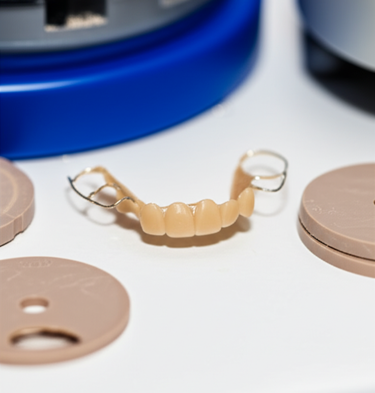 PEEK dental framework freshly milled on a lab workstation with PEEK disc blanks