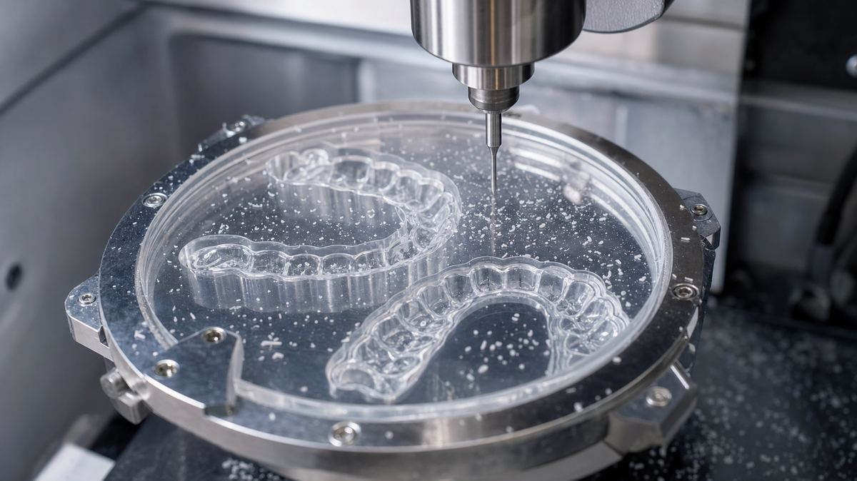 Clear transparent PMMA disc clamped in a dental milling machine with occlusal splints partially milled