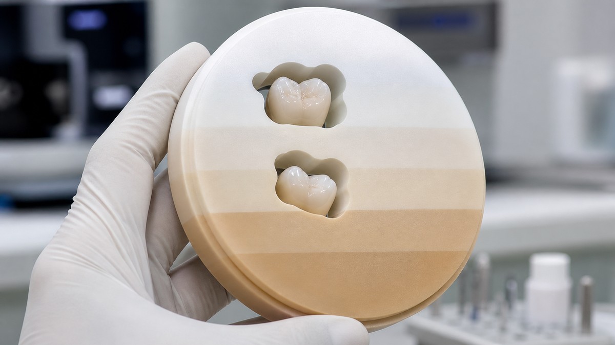 Multilayer zirconia disc showing gradient layers with crowns nested at different heights