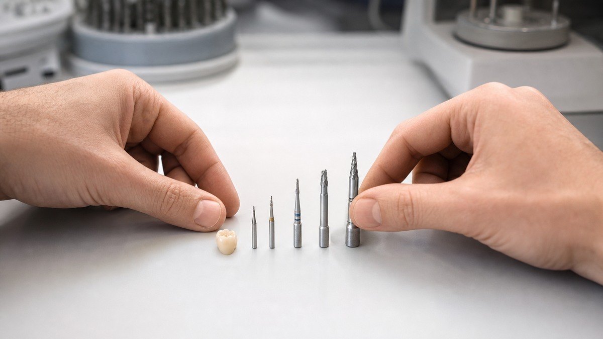 Dental lab technician inspecting VHF N4+ compatible milling burs of different diameters on a workbench